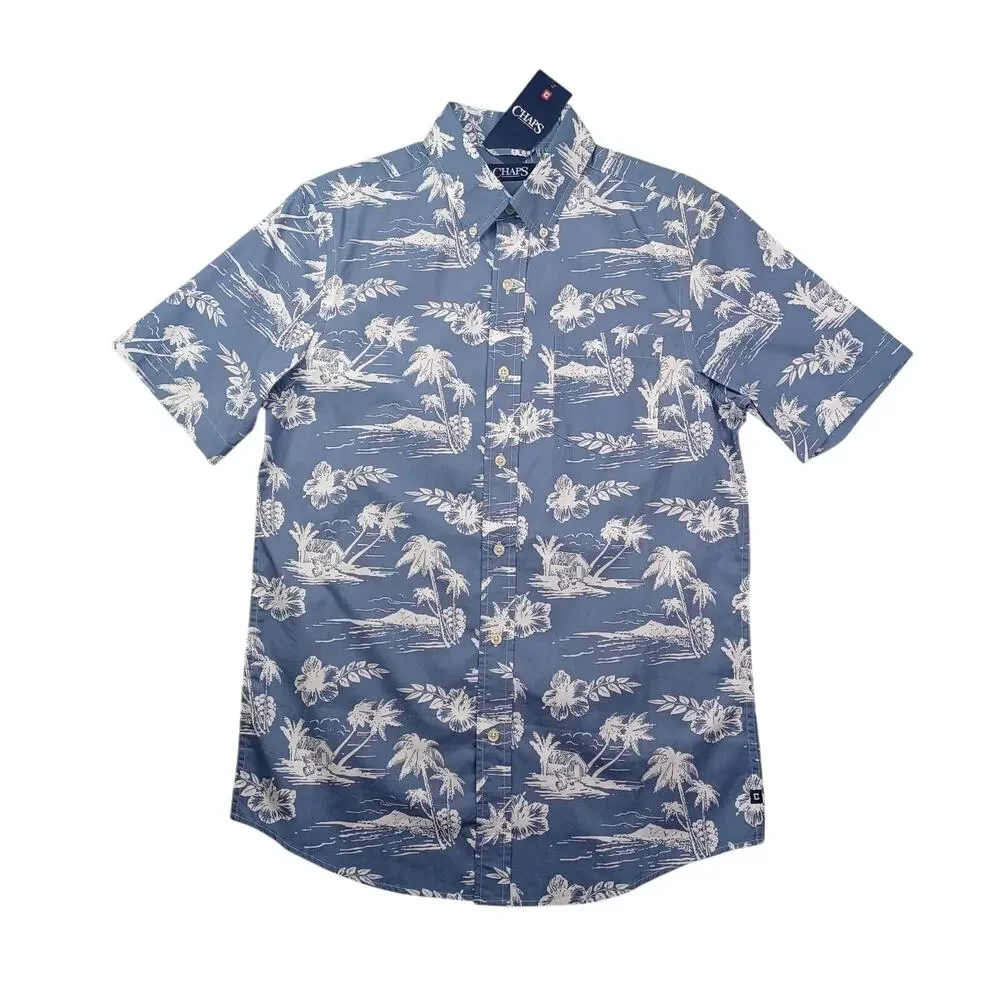 CHAPS Button Down Hawaiin Shirt Mens S Blue White Tropical Short Sleeve Beach
